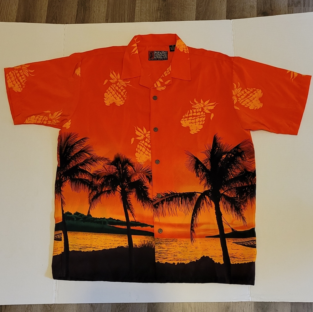Pineapple Connection Mens Hawaiian Medium Button Up Orange Palm Trees